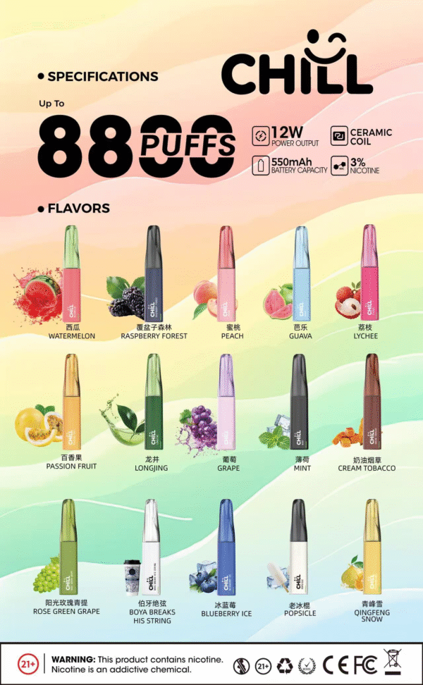 【滿10送1請備注口味】🌟 CHILL 一次性抛棄式電子煙💨 8800口超長持久💥 | 10種口味任你選🍒🍏 | 熱門爆款🔥 立即體驗！